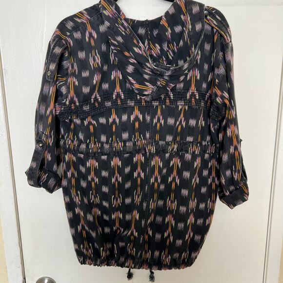 Free People Ikat Print Hooded Utility Jacket Black Cotton Boho Lagenlook - Picture 10 of 15